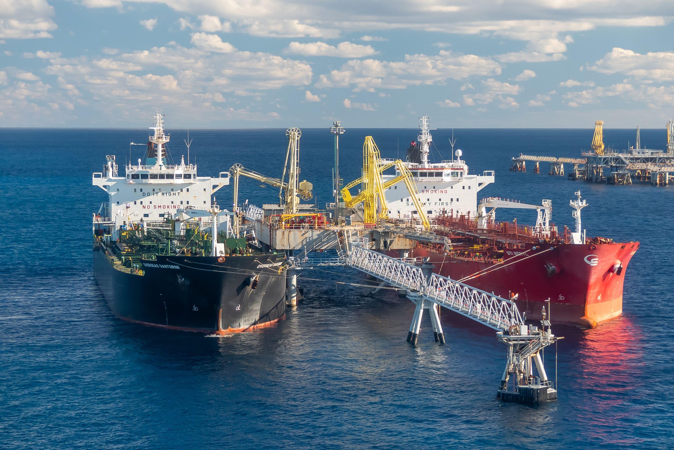 Freeport in the Bahamas: The oil tankers STI Beryl and Overseas Santorini moored at the oil link