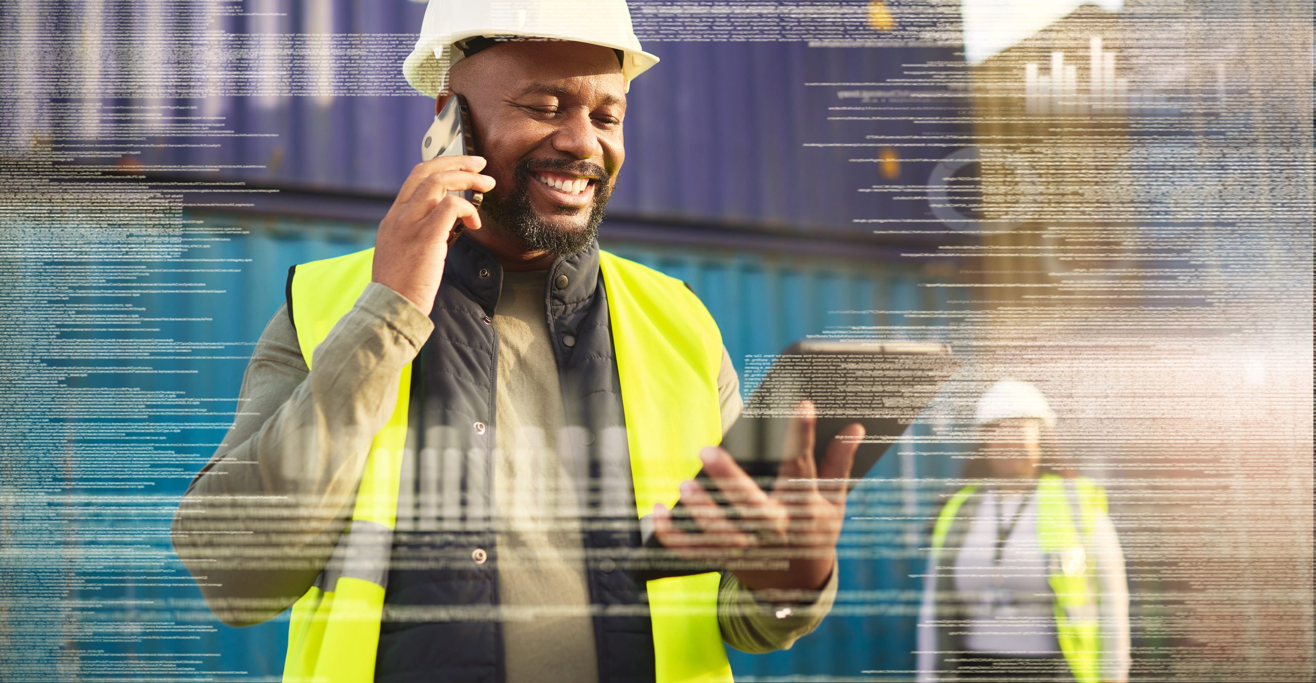 Logistics, phone and tablet with a black man supply chain worker on a call in shipping or online order industry. Futuristic, digital and cargo with a courier at work in a container yard with overlay