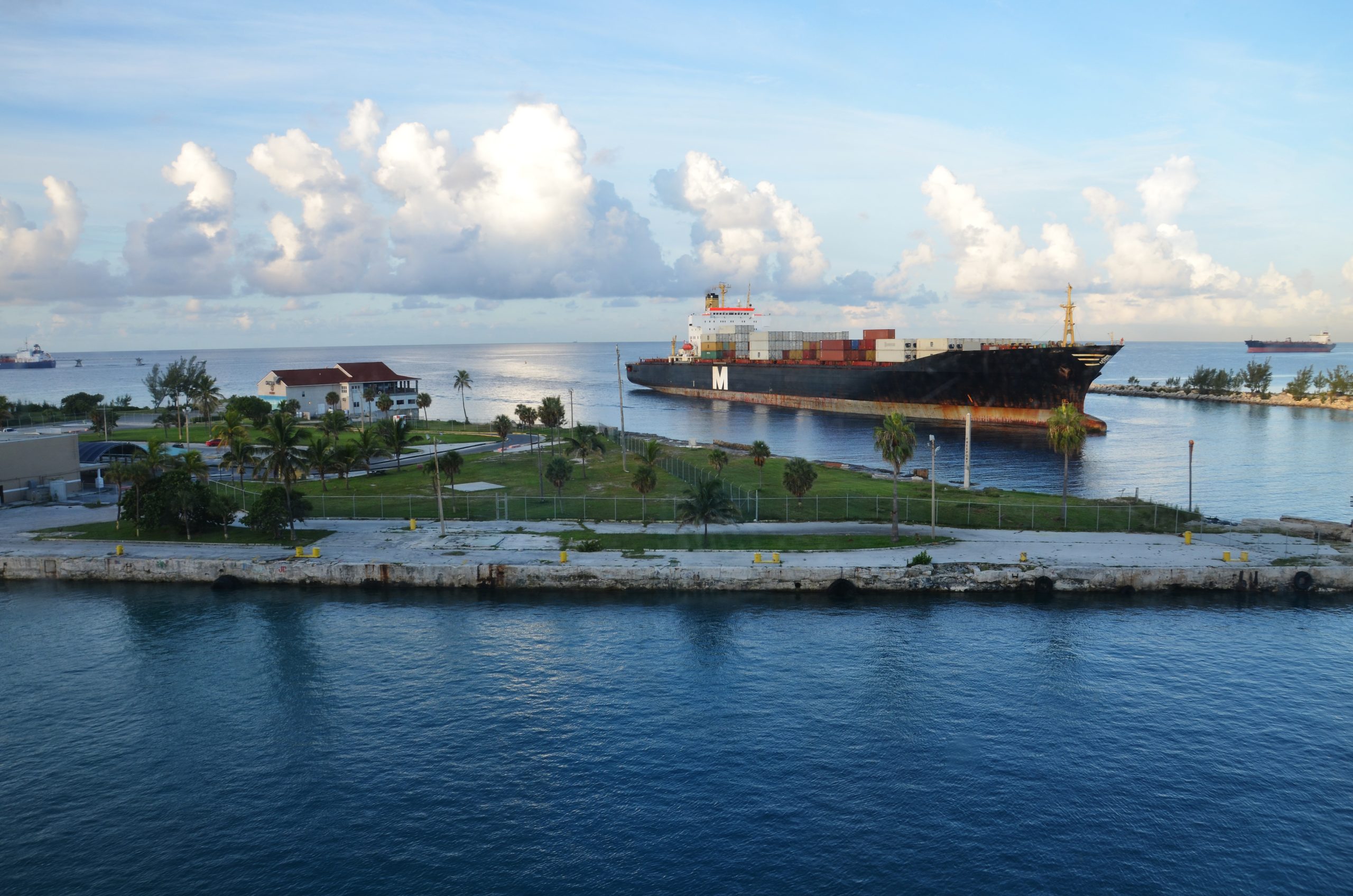 Container Cargo Ship in Grand Bahamas Waterway